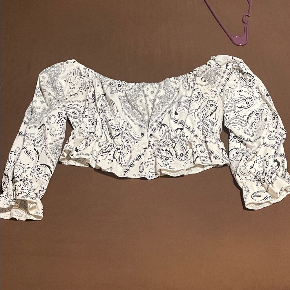SHEIN White and Blue Paisley Off-Shoulder Blouse